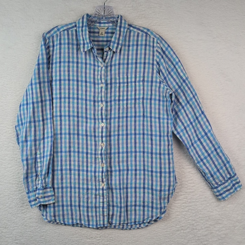LL Bean Premium Washable Linen Tunic Women's Medium Teal Blue Gingham Button Up